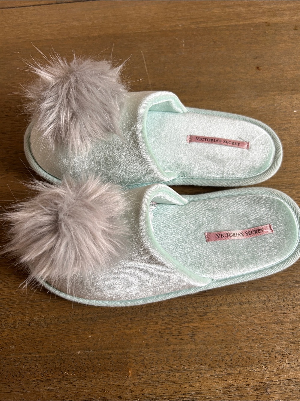 Victoria’s Secret Mint Green Velvet Pom-Pom Slippers. Size Medium. New No Tag.